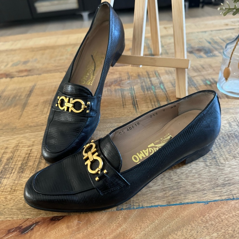 Salvatore Ferragamo Black Leather Loafers with Gold Hardware